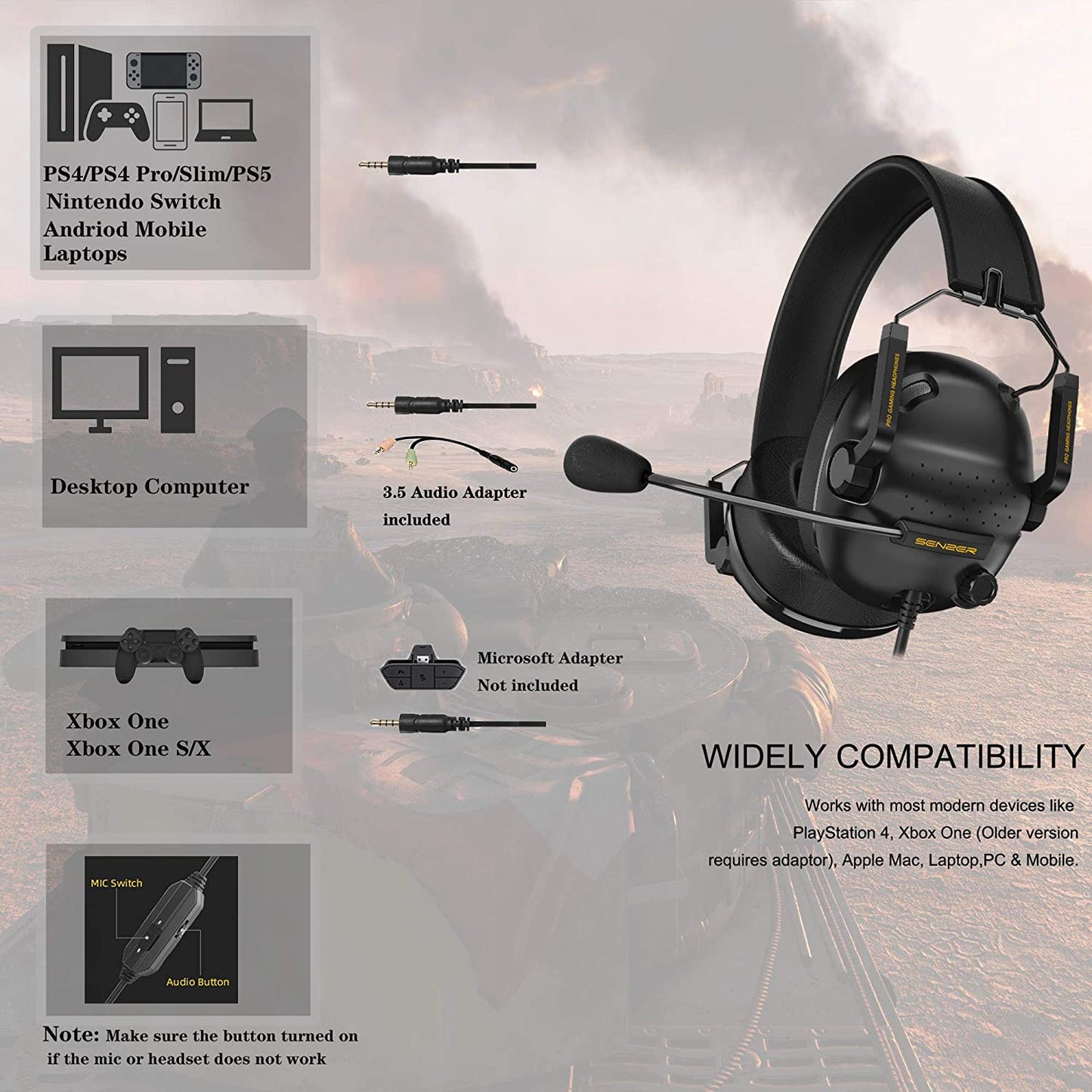 SG500 Surround Sound Pro Gaming Headset with Noise Cancelling Microphone - Detachable Memory Foam Ear Pads - Portable Foldable Headphones for PC, PS4, PS5, Xbox One, Switch