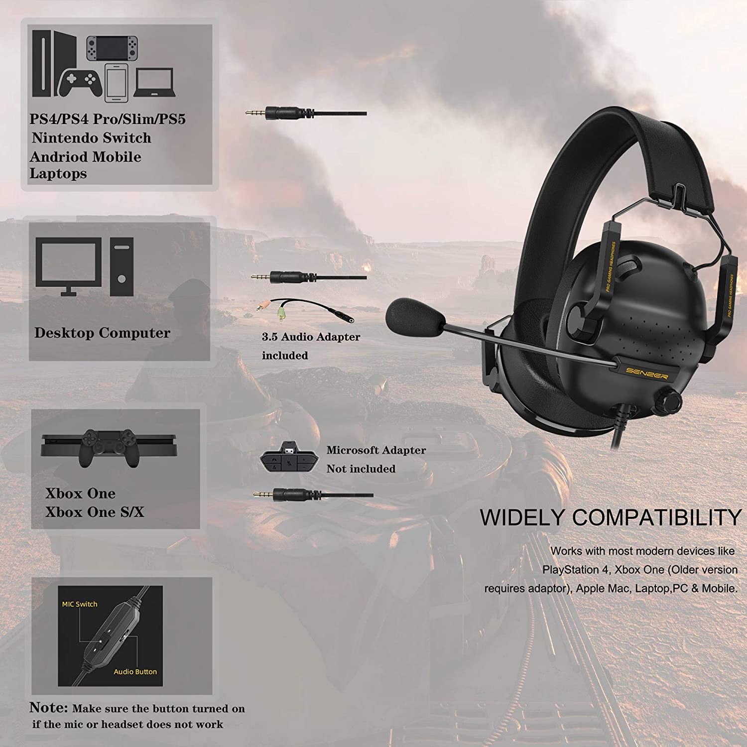 SG500 Surround Sound Pro Gaming Headset with Noise Cancelling Microphone - Detachable Memory Foam Ear Pads - Portable Foldable Headphones for PC, PS4, PS5, Xbox One, Switch