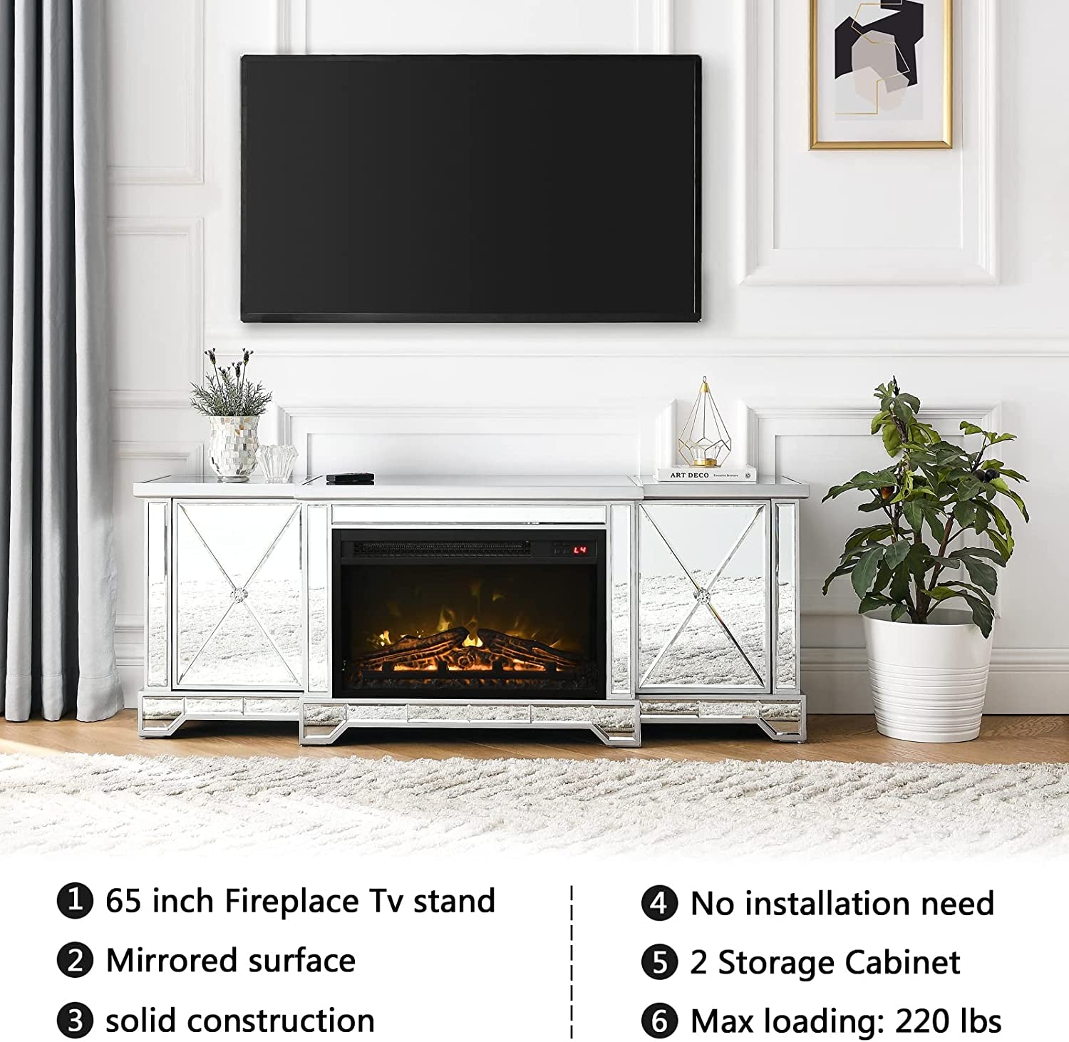 Co & Supply Mirrored Electric Fireplace TV Stand up to 65”, Mirrored TV Stand with 18” LED Fireplace and Remote