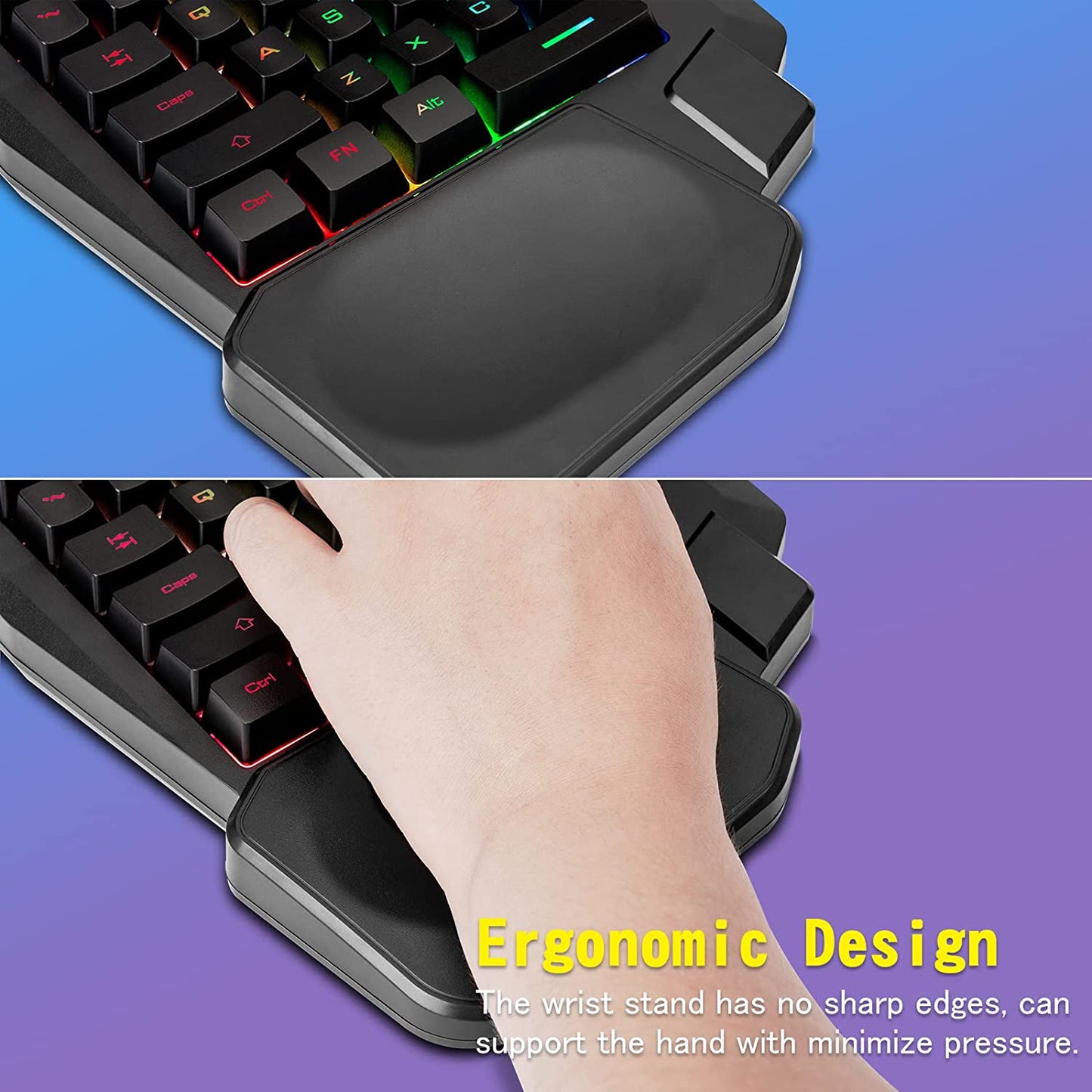 Gaming One Hand Keyboard Mouse USB Splitter USB C Adapter Combo with Wide Wrist-Rest RGB LED Backlit up to 7200DPI CPI Customize 4 Port Adapter Half Keypad Set for Lol/Wow/Fortnite/Dota/Pubg