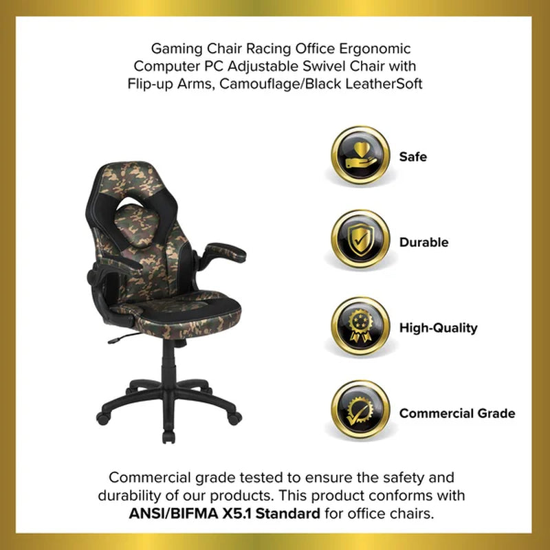 High Back Racing Style Ergonomic Gaming Chair with Flip-Up Arms, Black Leathersoft