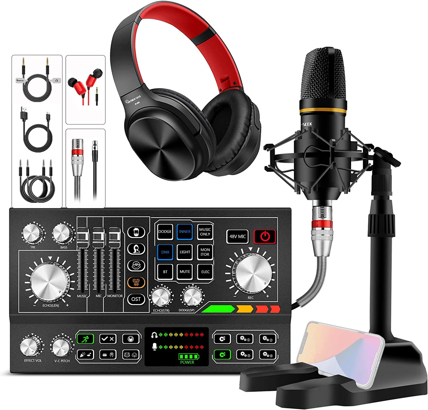 Podcast Equipment Bundle Aluminum Alloy Panel with Studio Condenser Microphone Sound DJ Mixer Broadcast ALL-IN-ONE Audio Interface [DIY Sound Effect] for Pc/Laptop/Phone,Streaming/Podcasting/Recording