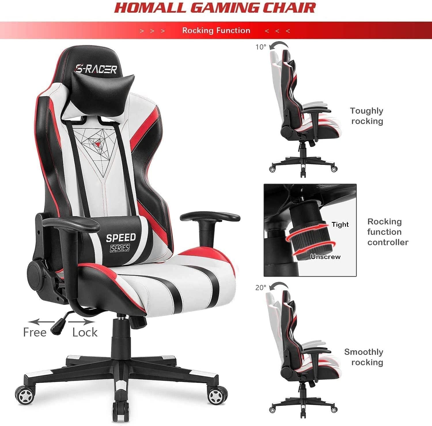 Gaming Chair Racing Office High Back PU Leather Chair Computer Desk Chair Video Game Chair Ergonomic Swivel Chair with Headrest and Lumbar Support (Black&White)