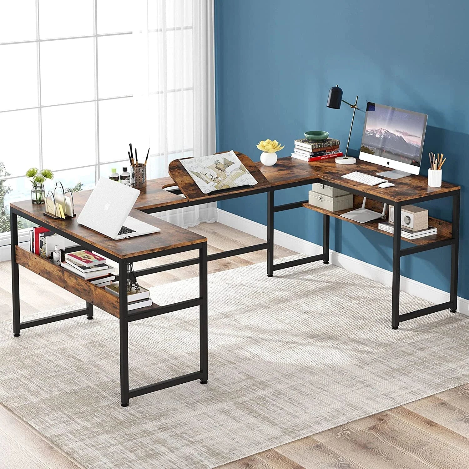 U- Shaped Desk with Bookshelf and Tiltable Drawing Board Large L Shaped Computer Desk Table