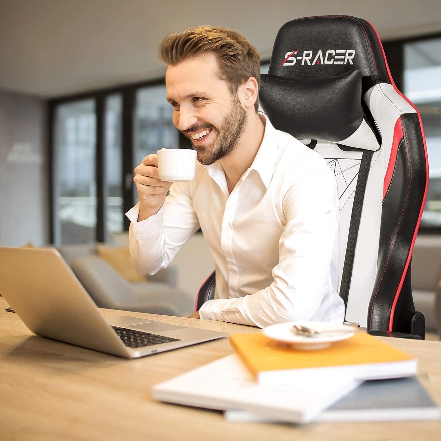 Gaming Chair Racing Office High Back PU Leather Chair Computer Desk Chair Video Game Chair Ergonomic Swivel Chair with Headrest and Lumbar Support (Black&White)