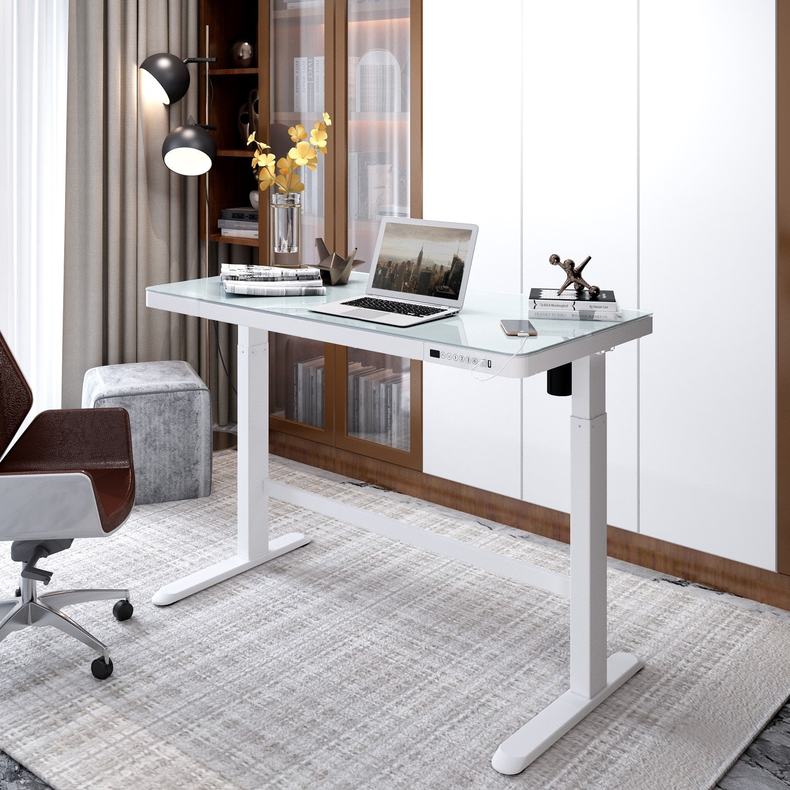 Home Office Electric Height Adjustable Desk 48" Width Standing Desk Computer Desk Glass Top with Drawer, USB Charged