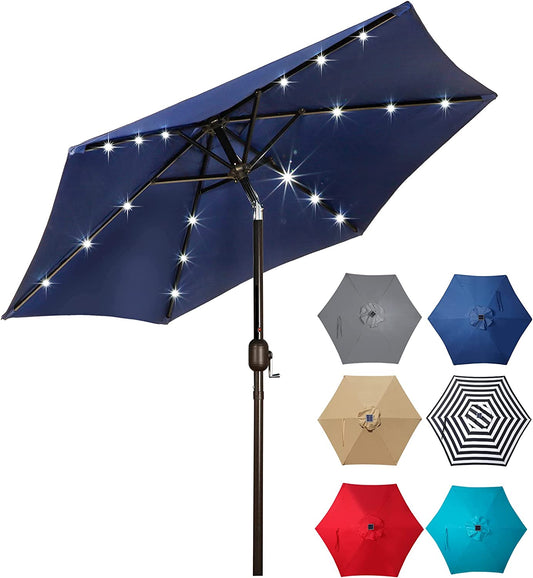 Outdoor Solar Umbrella - 7.5 Ft LED Lighted Patio Umbrella with Tilt and Crank for Garden, Deck, Backyard, Pool, and Beach