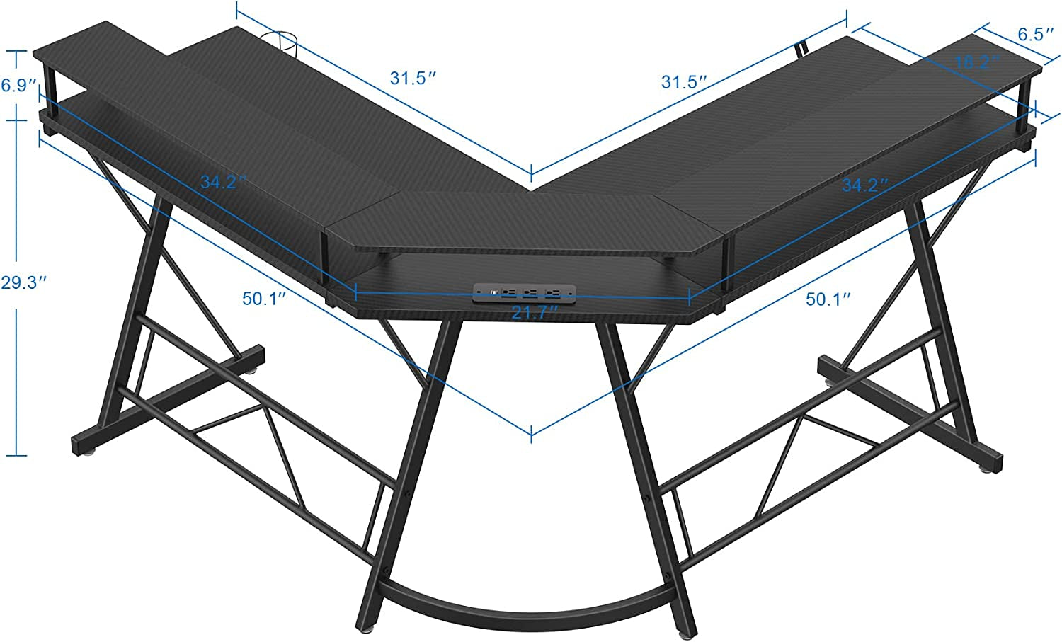 Gaming Desk with Led Lights and Power Strip L Shaped Desk Corner Computer Desk with Monitor Stand, Carbon Fiber Surface Gaming Table with Desk Accessories Cup Holder Headphone Hook, Black