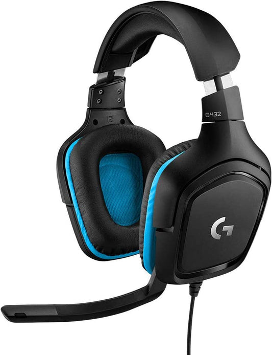 G432 Wired Gaming Headset, 7.1 Surround Sound, DTS Headphone:X 2.0, Flip-To-Mute Mic, PC (Leatherette) Black/Blue