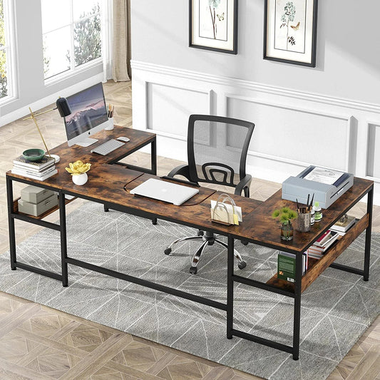 U- Shaped Desk with Bookshelf and Tiltable Drawing Board Large L Shaped Computer Desk Table