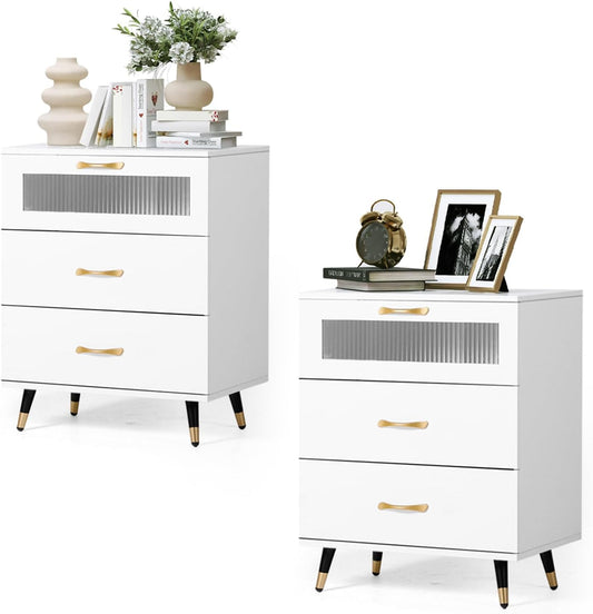 White Nightstand Set of 2 Modern 3 Drawer Nightstand with Glass Door, Gold Leg and Handle, Bedside Cabinet Furniture Side Table Chest for Bedroom