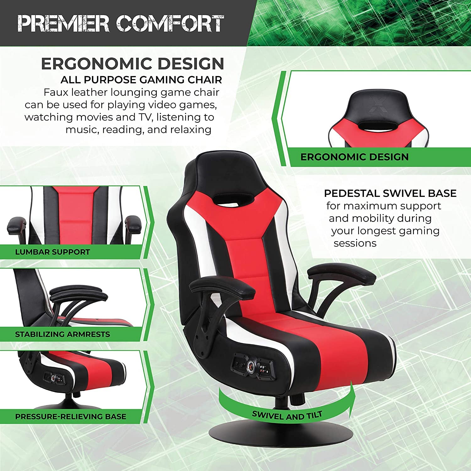 Falcon Pedestal PC Office Gaming Chair, 32" X 25" X 42", Black/Red