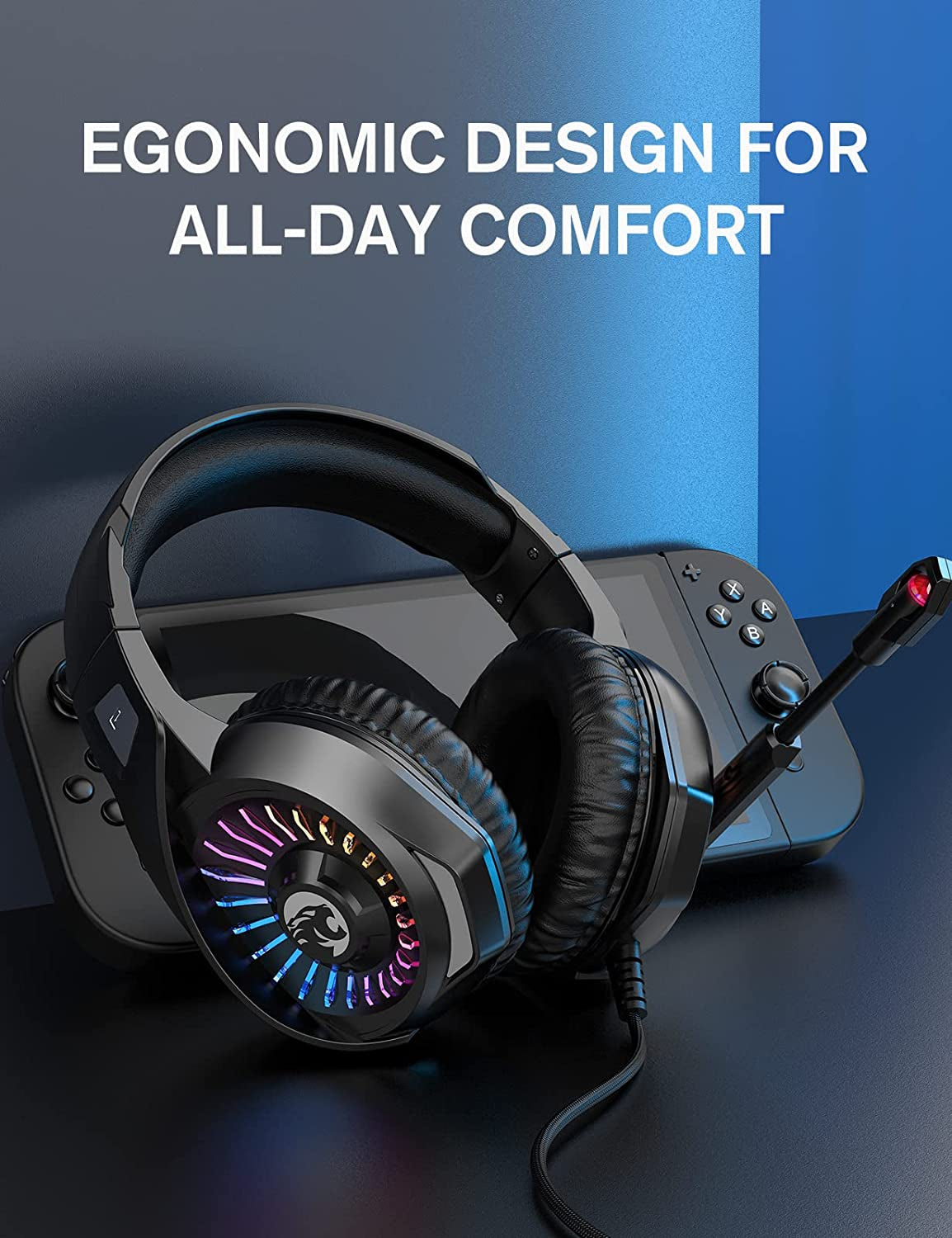 Gaming Headset with Microphone, Compatible with PS4 PS5 Xbox One PC Laptop, Over-Ear Headphones with LED RGB Light, Noise Canceling Mic, 7.1 Stereo Surround Sound