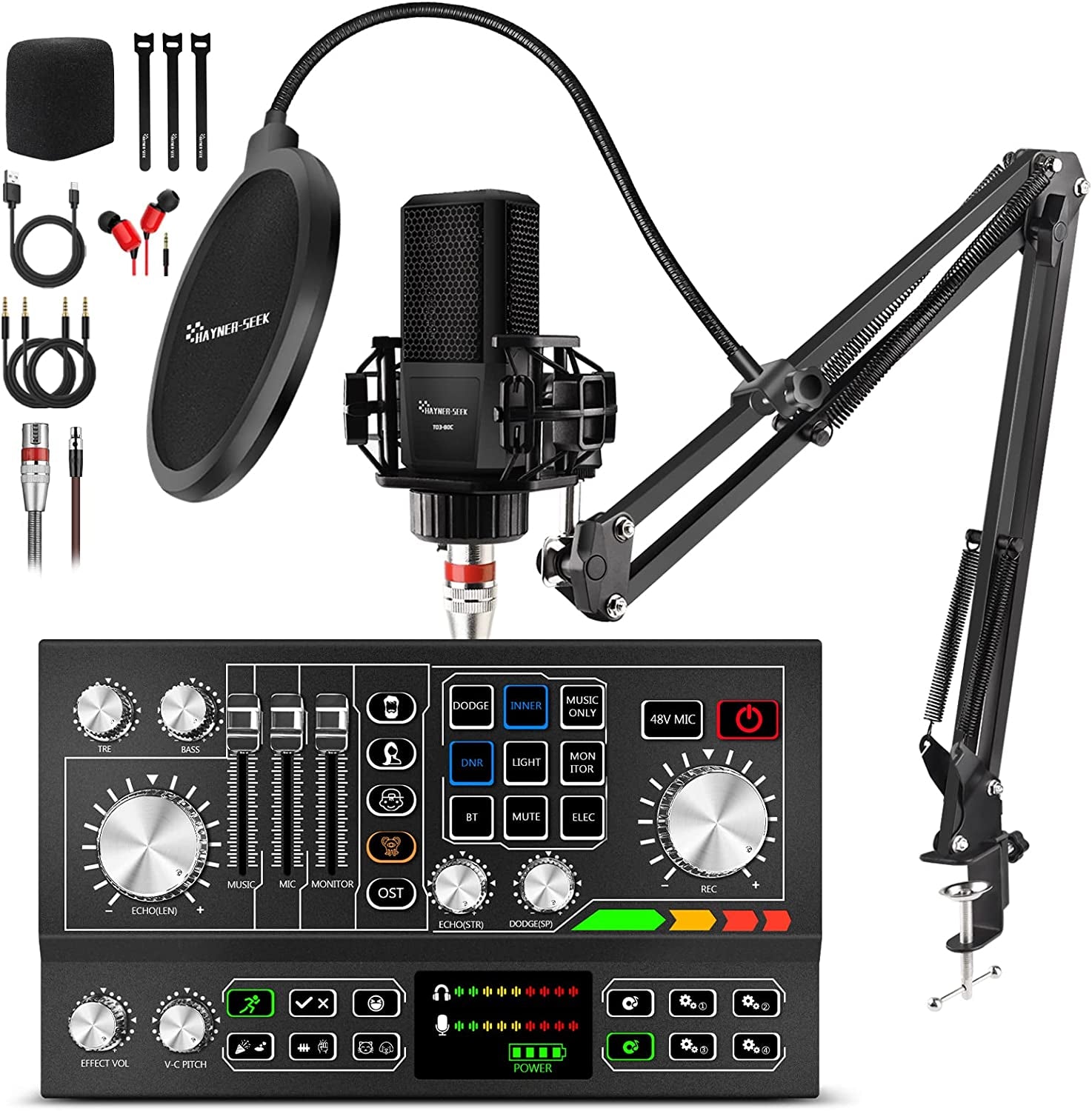 Podcast Equipment Bundle Aluminum Alloy Panel with Studio Condenser Microphone Sound DJ Mixer Broadcast ALL-IN-ONE Audio Interface [DIY Sound Effect] for Pc/Laptop/Phone,Streaming/Podcasting/Recording