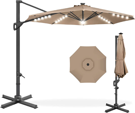  Solar LED Cantilever Patio Umbrella with Lights, 10 Foot Easy Tilt, and Cross Base, 360-Degree Hanging Offset Sun Shade for Backyard, Deck, and Poolside
