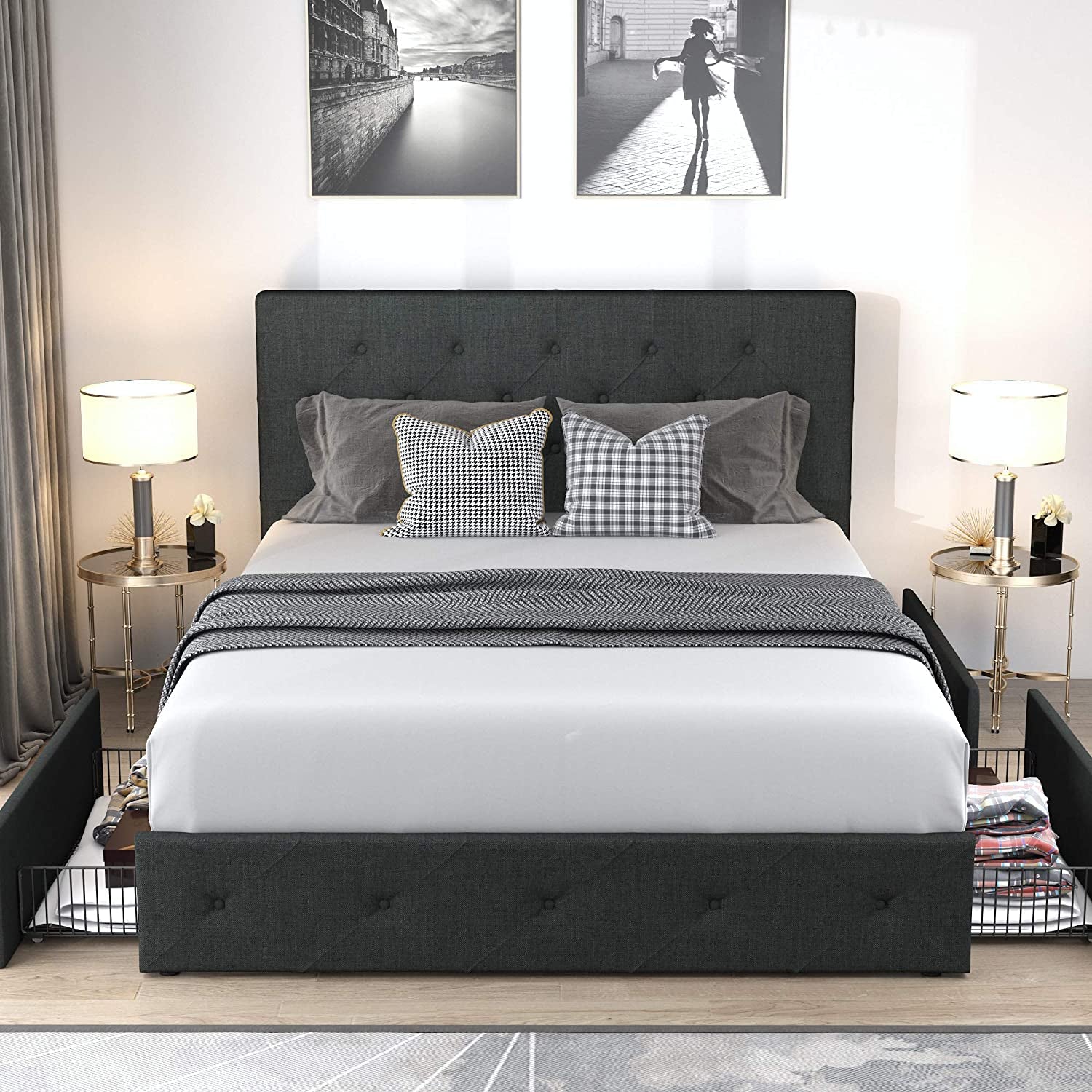Queen Platform Bed Frame with 4 Drawers Storage and Headboard, Diamond Stitched Button Tufted Upholstered Mattress Foundation with Wood Slat Support, Dark Grey