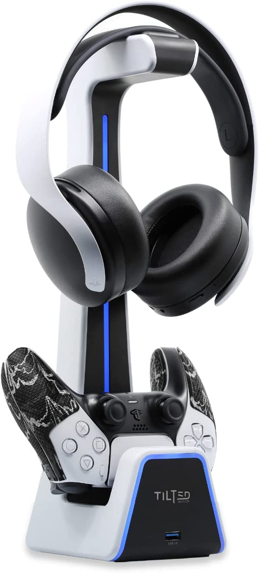 Nation RGB Headset and Controller Stand with Charging Station - PS4 / PS5 Controller Holder with Charger - Stylish Headphone and Game Controller Holder for Playstation or PC