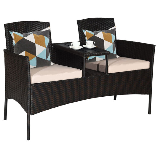 Patio Rattan Conversation Set Loveseat Sofa Cushioned Coffee