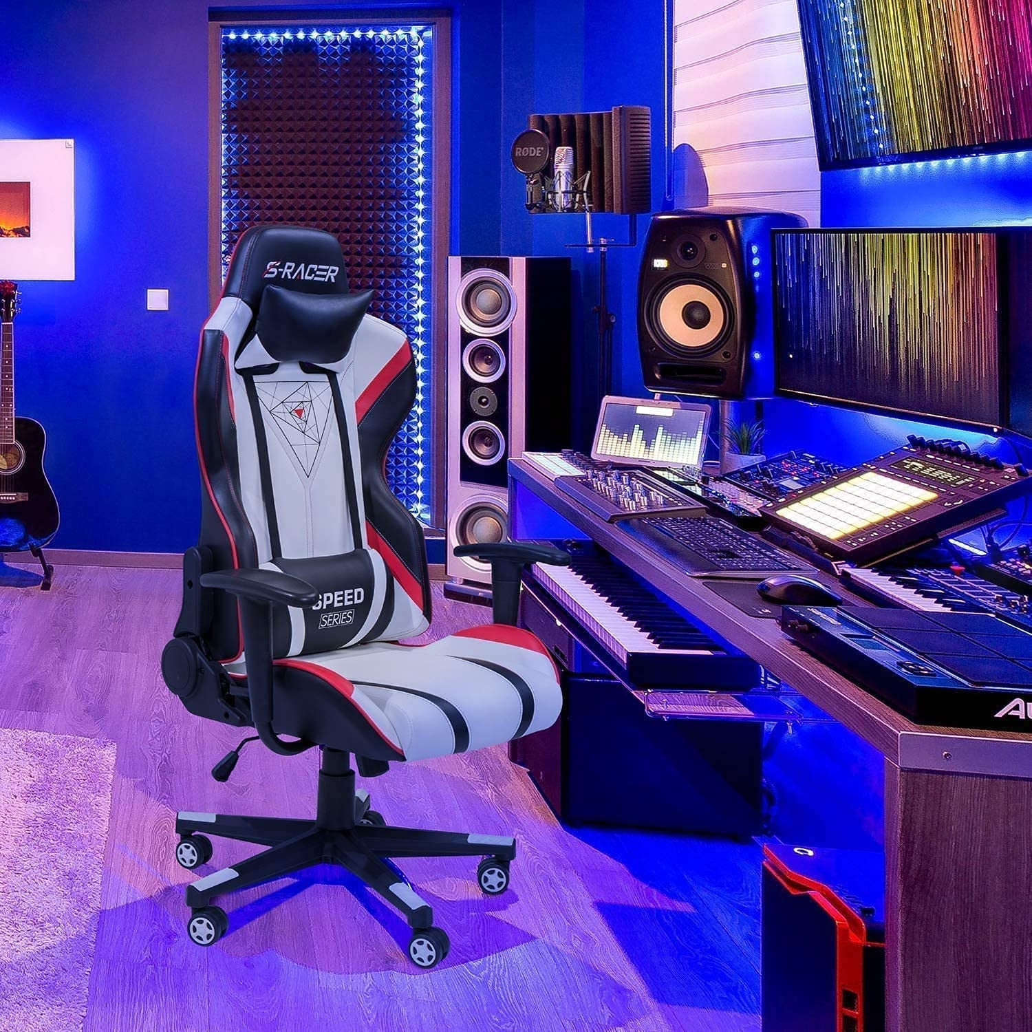 Gaming Chair Racing Office High Back PU Leather Chair Computer Desk Chair Video Game Chair Ergonomic Swivel Chair with Headrest and Lumbar Support (Black&White)