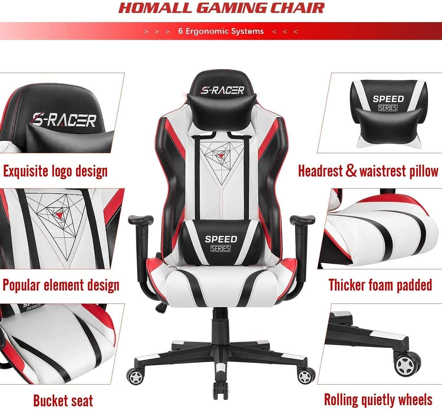 Gaming Chair Racing Office High Back PU Leather Chair Computer Desk Chair Video Game Chair Ergonomic Swivel Chair with Headrest and Lumbar Support (Black&White)