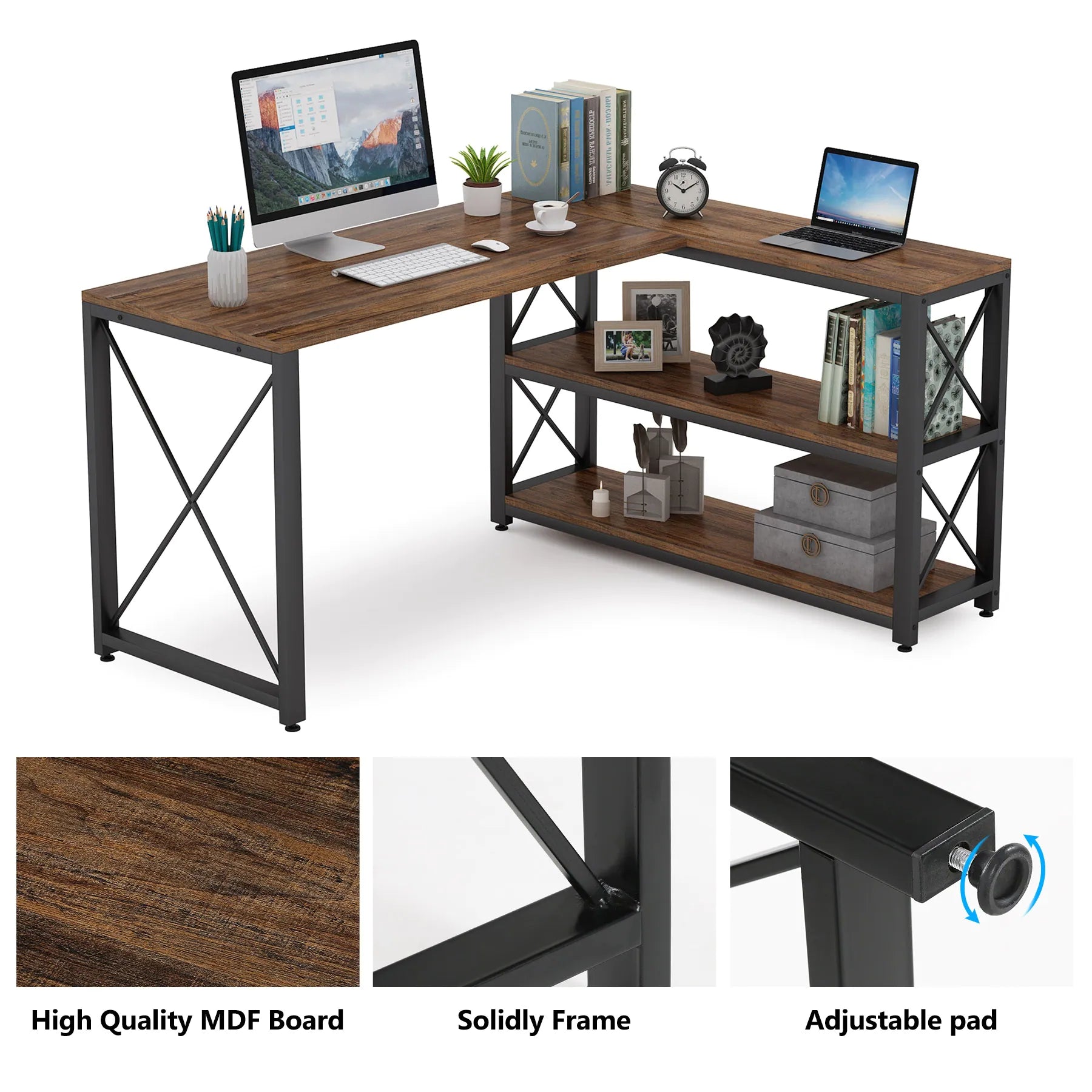 Industrial L-Shaped Desk with Storage Shelves, Corner Computer Desk PC Laptop Study Table Workstation