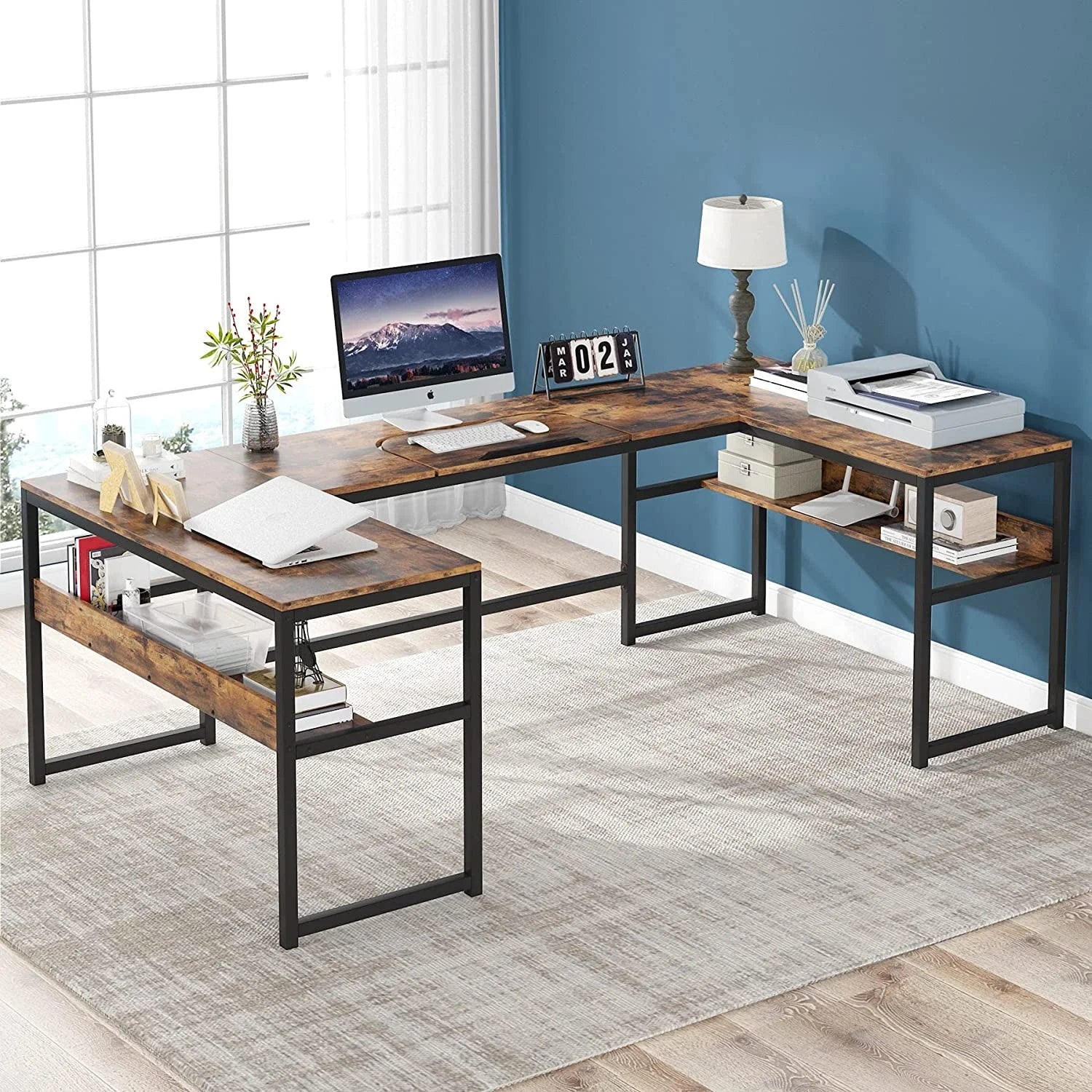 U- Shaped Desk with Bookshelf and Tiltable Drawing Board Large L Shaped Computer Desk Table