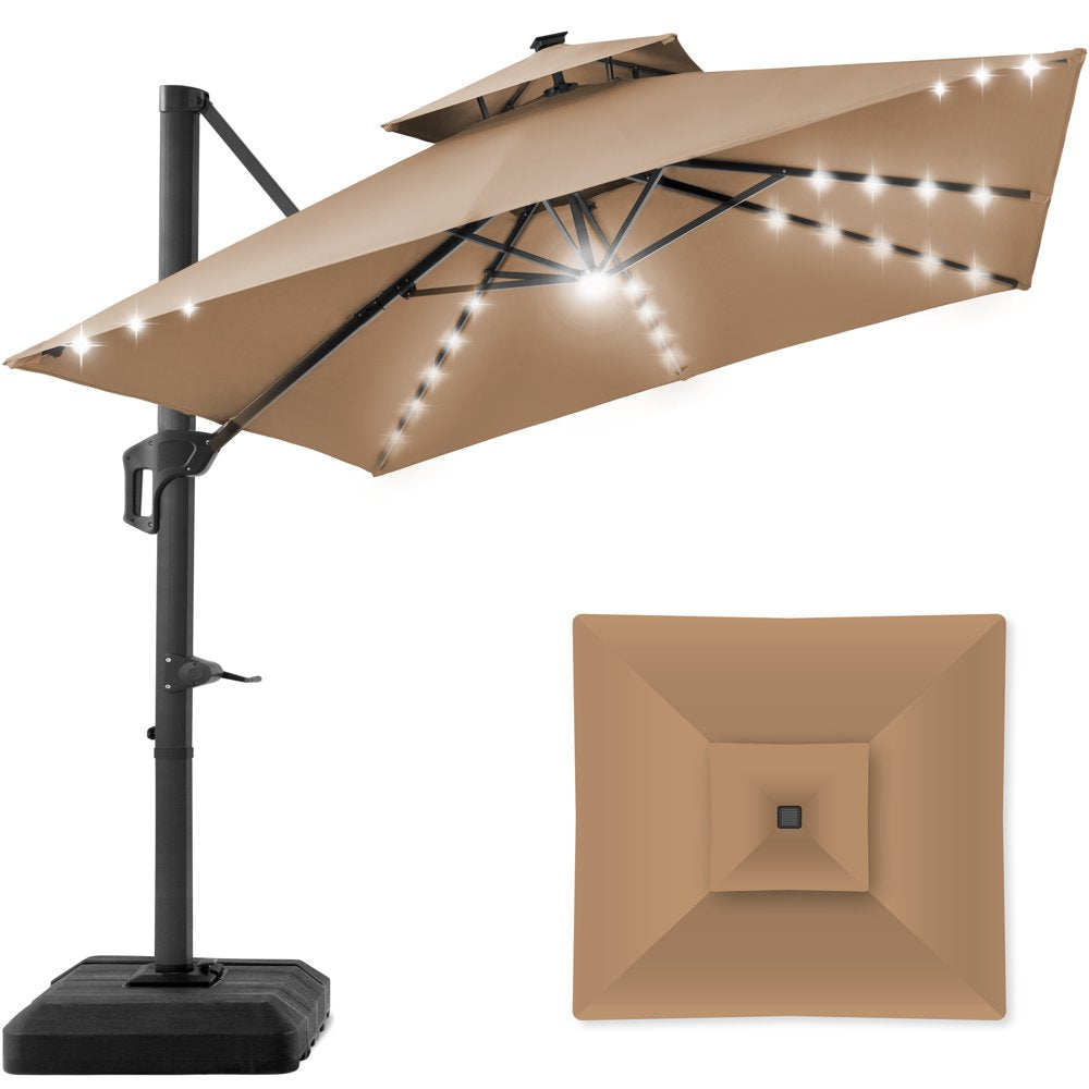 10x10ft 2-Tier Square Outdoor Solar LED Cantilever Patio Umbrella with Base - The Perfect Shade Solution