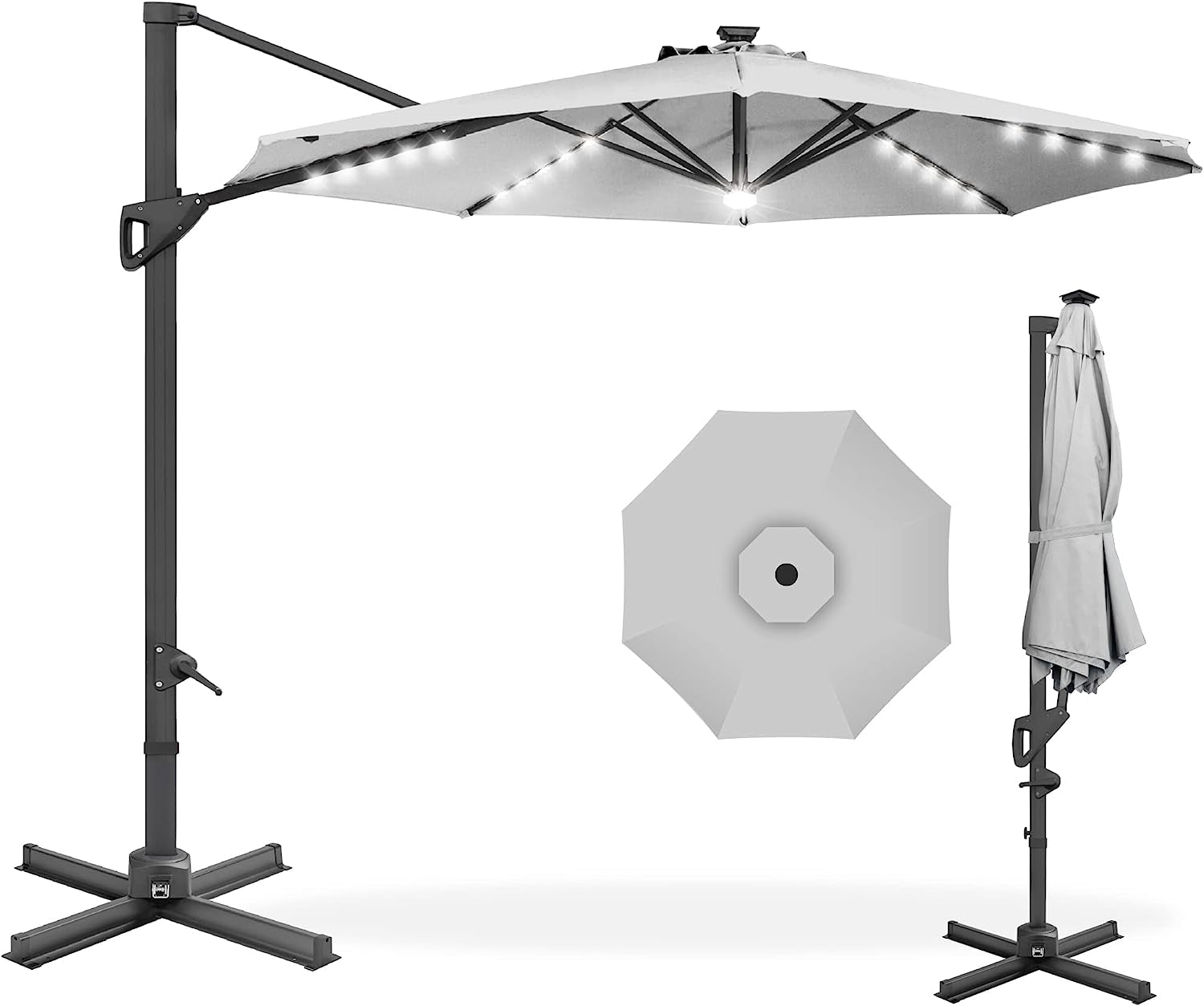  Solar LED Cantilever Patio Umbrella with Lights, 10 Foot Easy Tilt, and Cross Base, 360-Degree Hanging Offset Sun Shade for Backyard, Deck, and Poolside