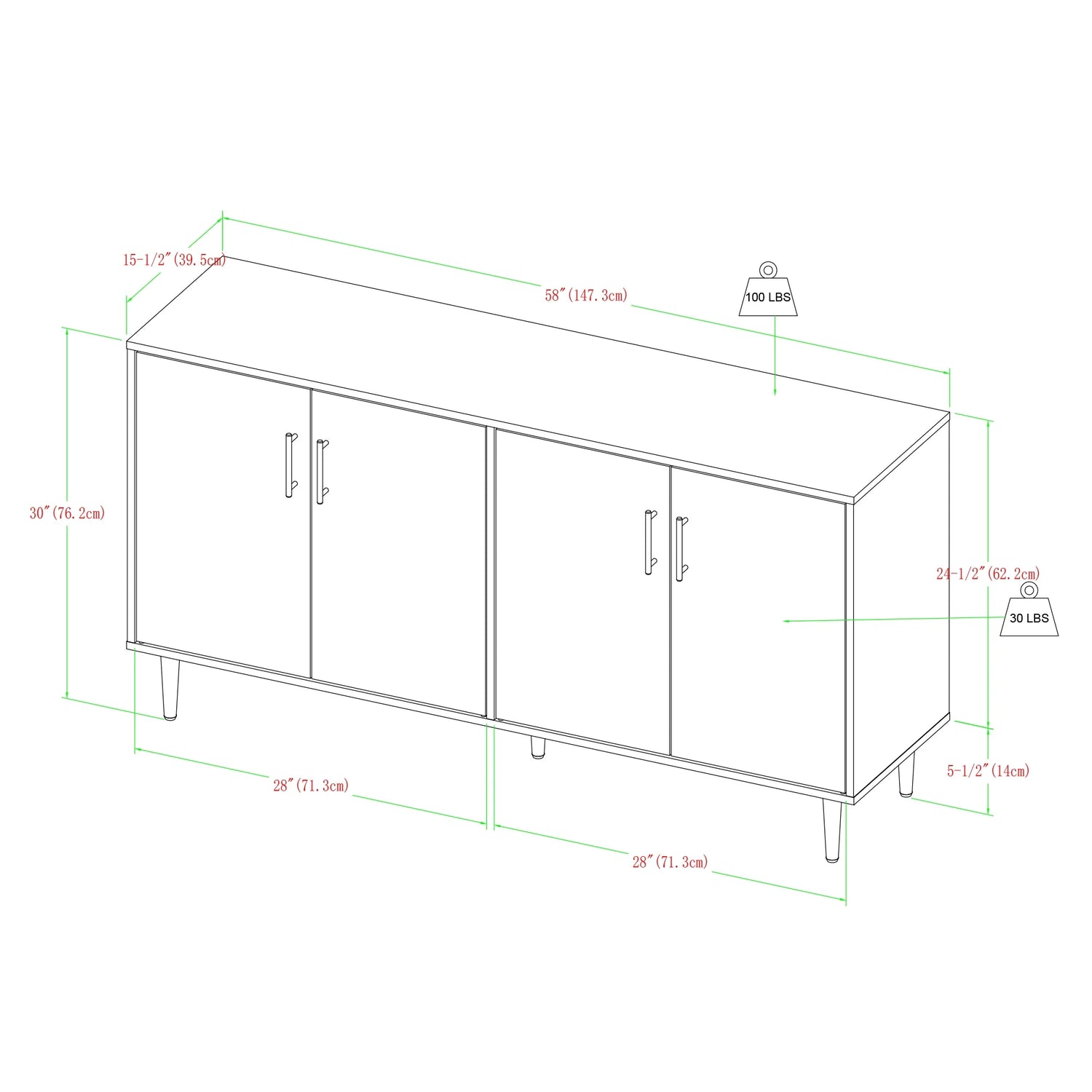 MiddleCass 58-Inch Mid-Century Modern 4-Door Buffet