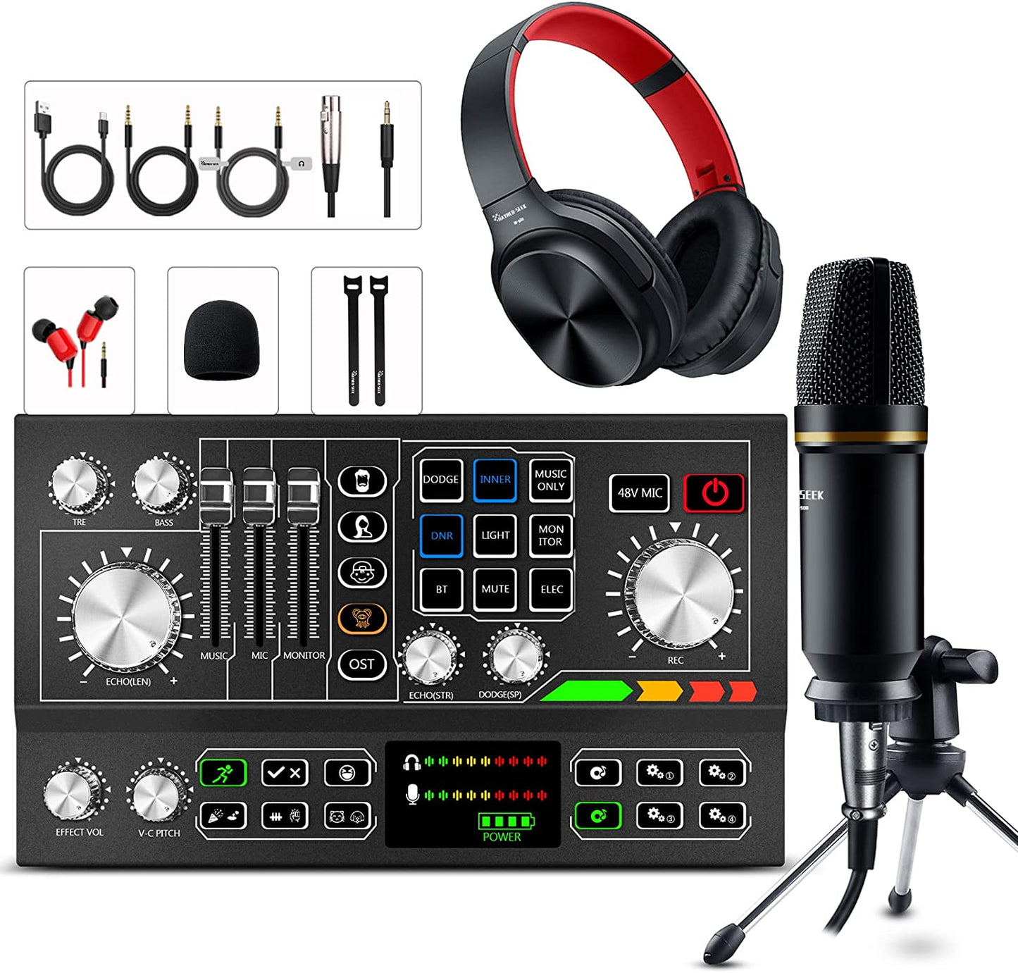 Podcast Equipment Bundle Aluminum Alloy Panel with Studio Condenser Microphone Sound DJ Mixer Broadcast ALL-IN-ONE Audio Interface [DIY Sound Effect] for Pc/Laptop/Phone,Streaming/Podcasting/Recording