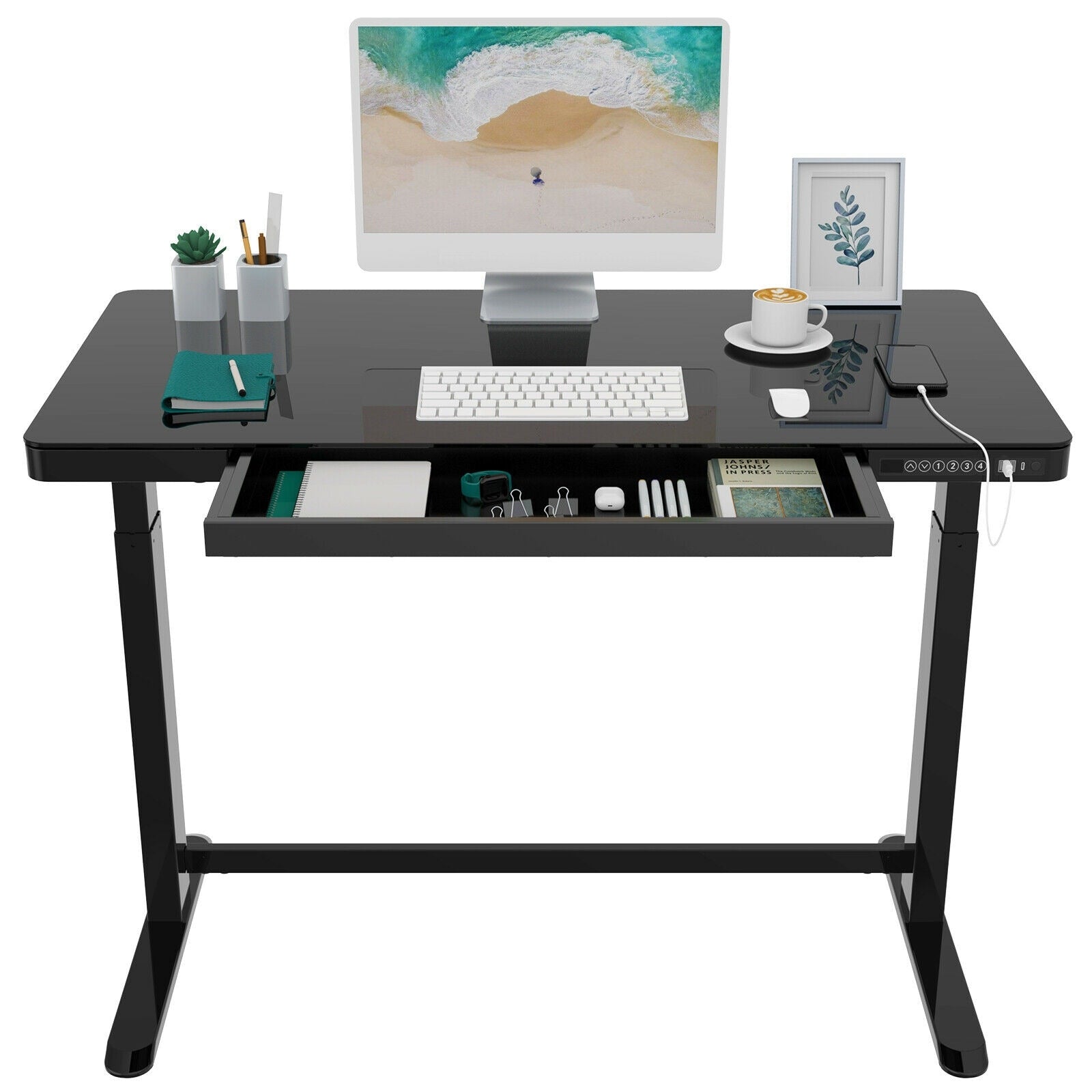 Home Office Electric Height Adjustable Desk 48" Width Standing Desk Computer Desk Glass Top with Drawer, USB Charged