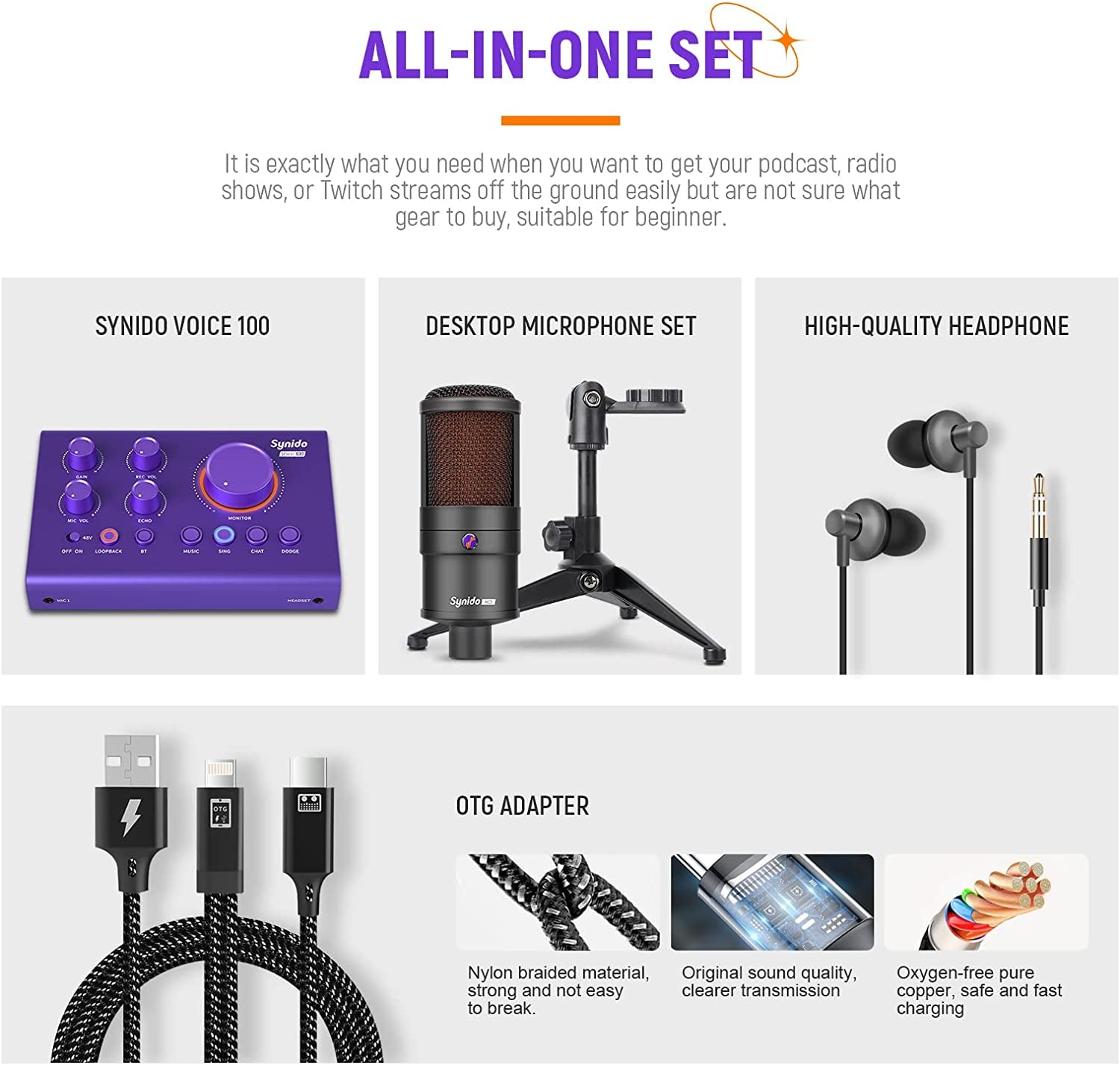 Audio Interface Sound Card,  Beginner Podcast Equipment Bundle with 3.5Mm Microphone for Live Streaming, PC, Mac, Recording, Gaming, Guitar