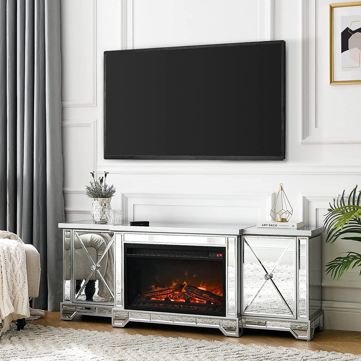 Co & Supply Mirrored Electric Fireplace TV Stand up to 65”, Mirrored TV Stand with 18” LED Fireplace and Remote
