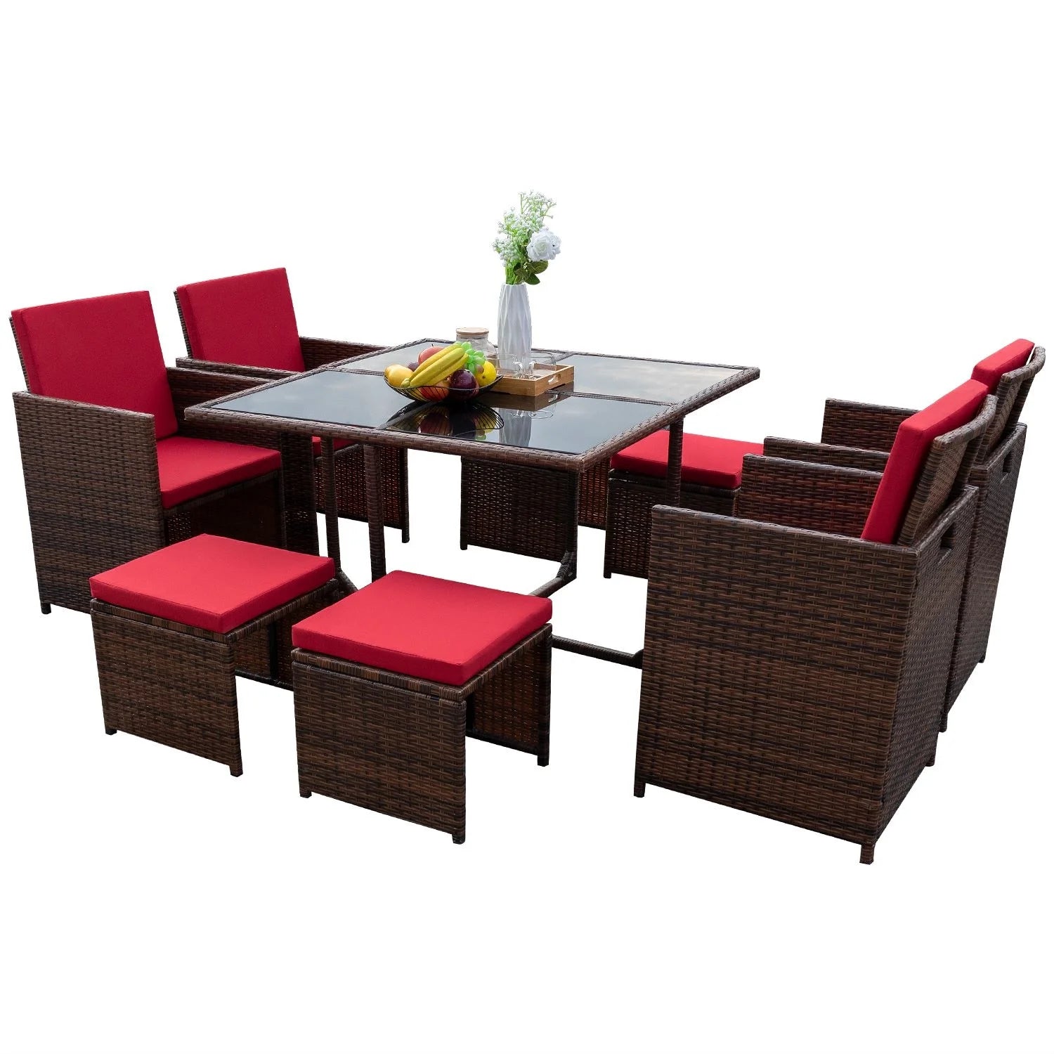 9 Pieces Patio Dining Sets Outdoor Space Saving Rattan Chairs with Glass Table Sectional Conversation Set with Cushions