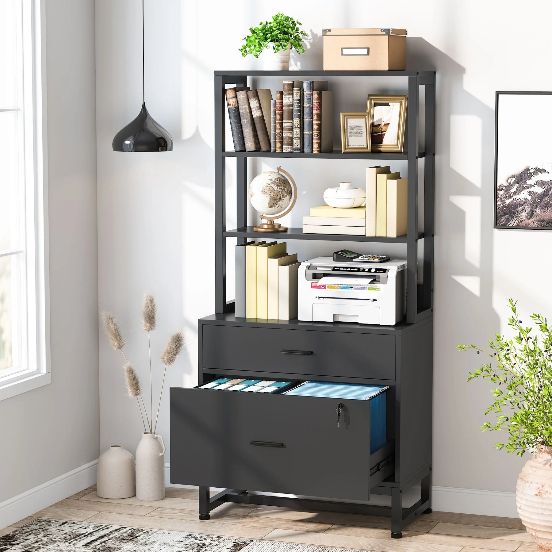 Co & Design 2 Drawer File Cabinet with Lock & Bookshelf, Letter Size Large Printer Stand