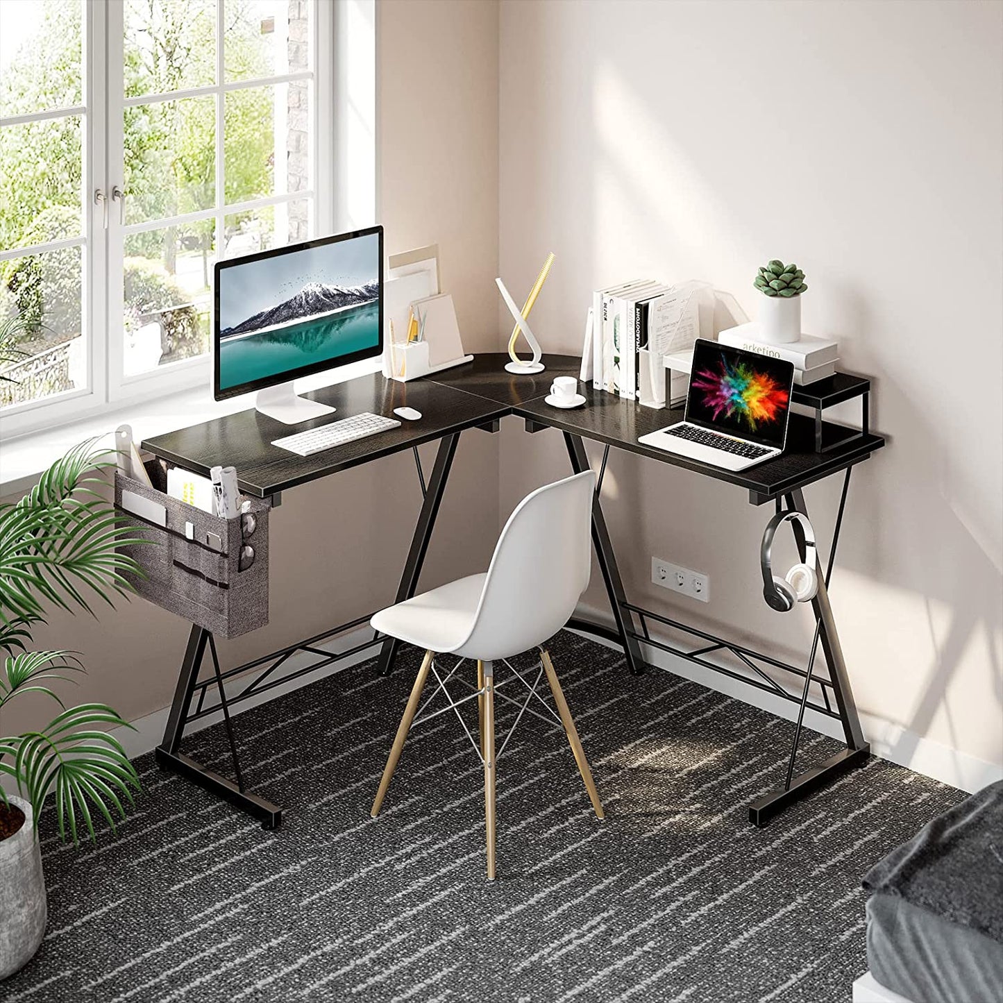 L Shaped Gaming Desk, Home Office Desk with round Corner, Computer Desk with Large Monitor Stand Desk Workstation