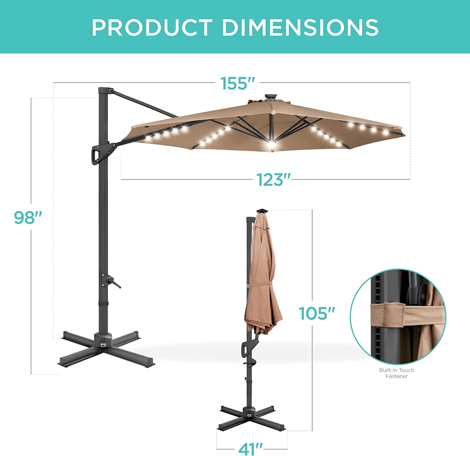  Solar LED Cantilever Patio Umbrella with Lights, 10 Foot Easy Tilt, and Cross Base, 360-Degree Hanging Offset Sun Shade for Backyard, Deck, and Poolside