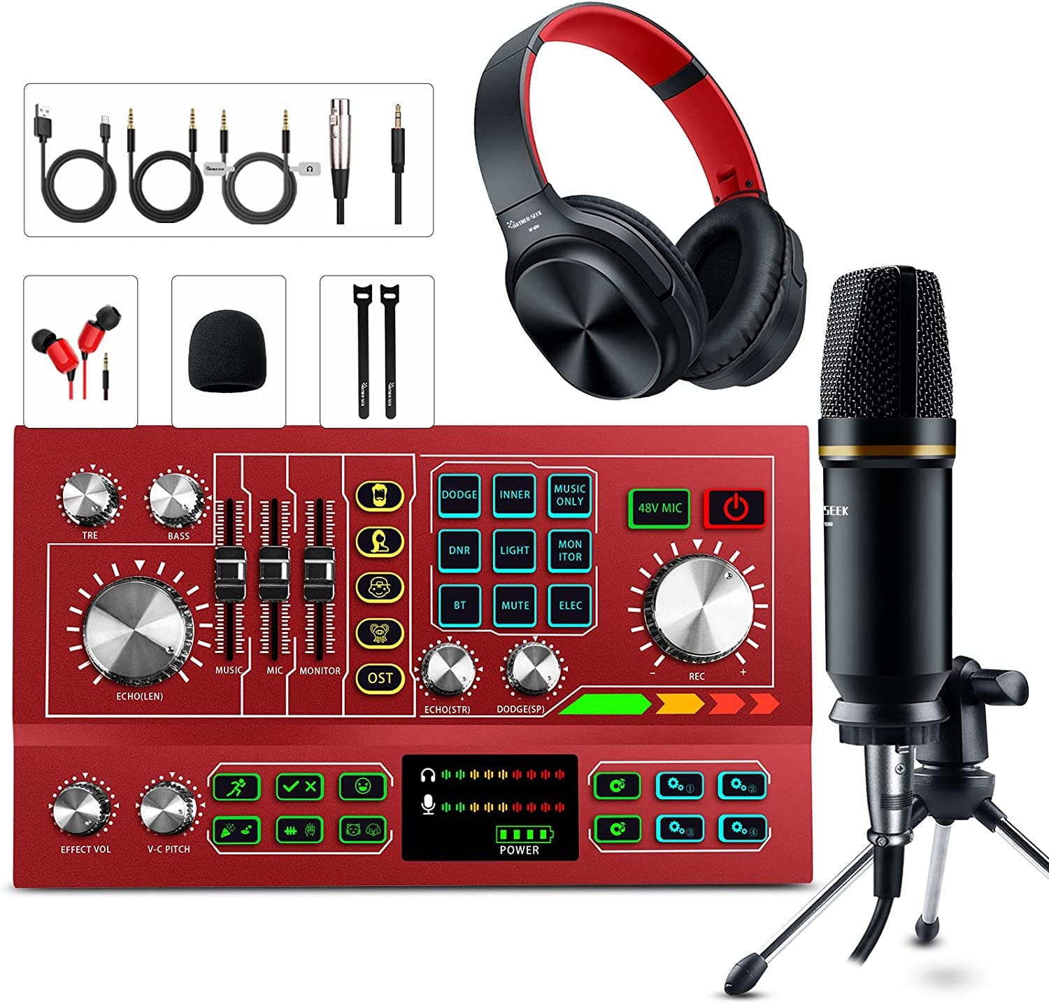 Podcast Equipment Bundle Aluminum Alloy Panel with Studio Condenser Microphone Sound DJ Mixer Broadcast ALL-IN-ONE Audio Interface [DIY Sound Effect] for Pc/Laptop/Phone,Streaming/Podcasting/Recording