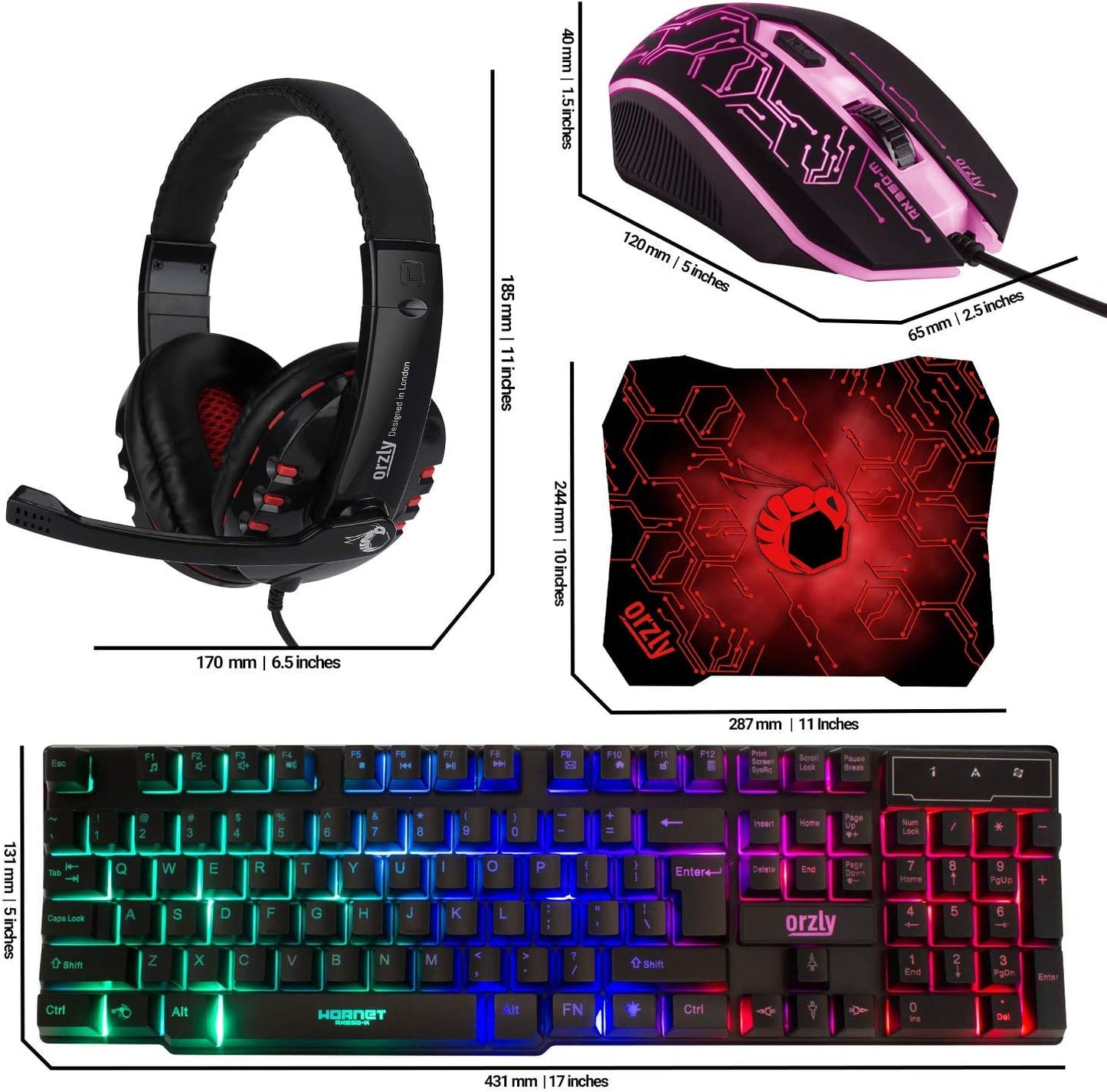 Gaming Keyboard and Mouse and Mouse Pad and Gaming Headset, Wired LED RGB Backlight Bundle for PC Gamers and Xbox and PS4 Users - 4 in 1 Edition Hornet RX-250