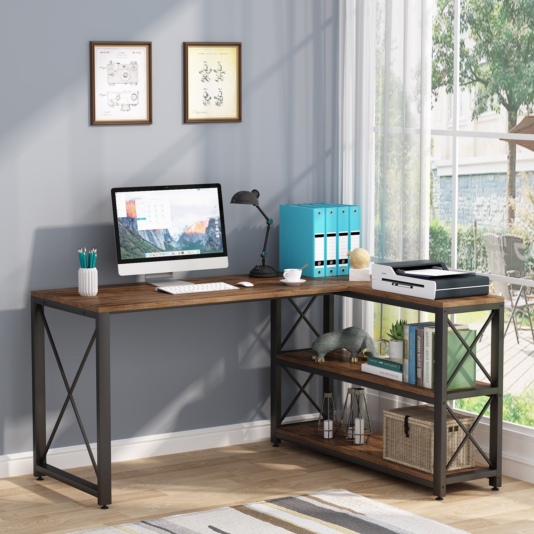 Industrial L-Shaped Desk with Storage Shelves, Corner Computer Desk PC Laptop Study Table Workstation