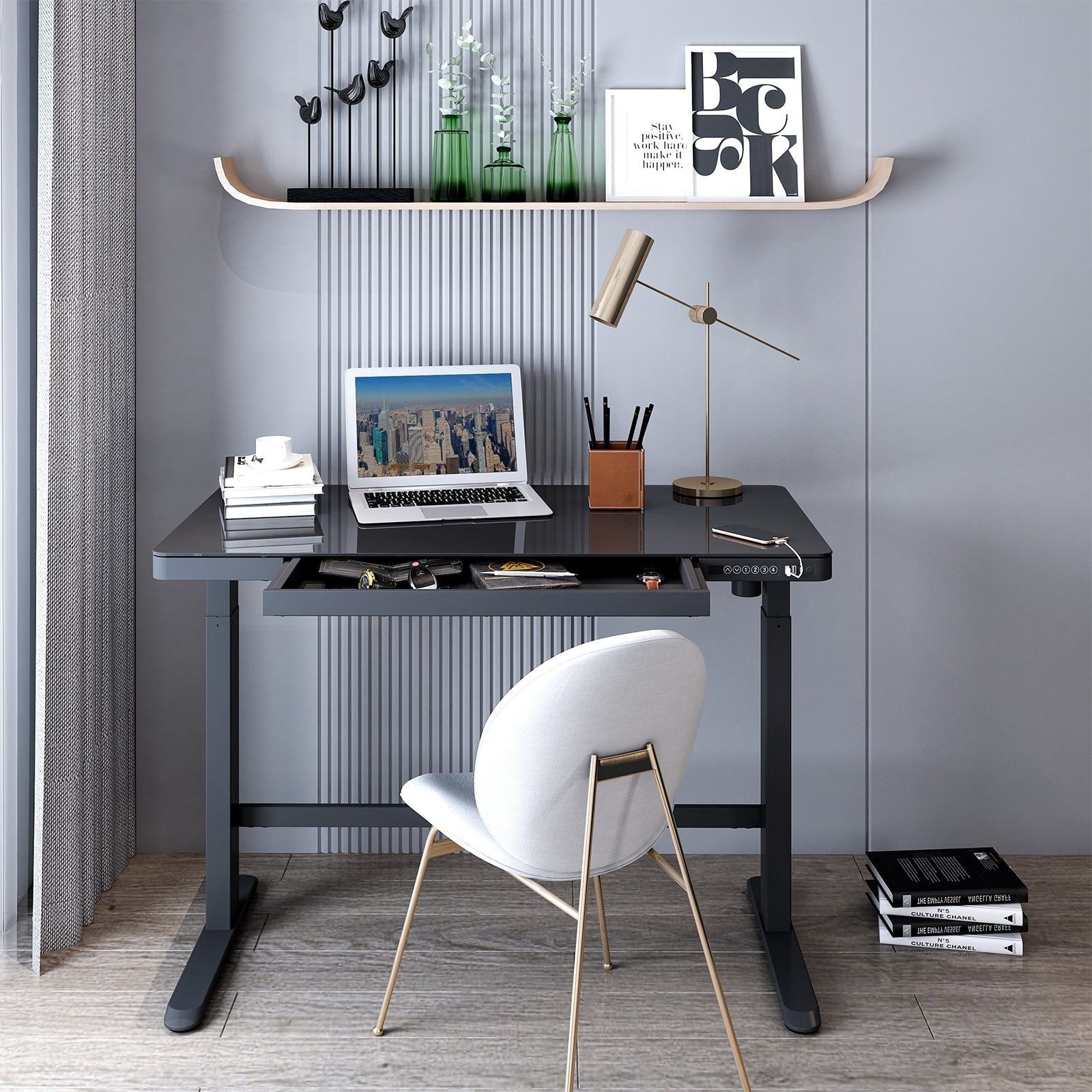 Home Office Electric Height Adjustable Desk 48" Width Standing Desk Computer Desk Glass Top with Drawer, USB Charged