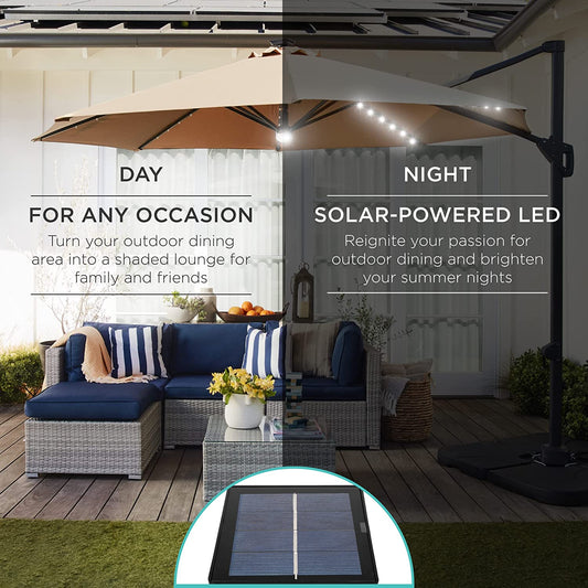  Solar LED Cantilever Patio Umbrella with Lights, 10 Foot Easy Tilt, and Cross Base, 360-Degree Hanging Offset Sun Shade for Backyard, Deck, and Poolside